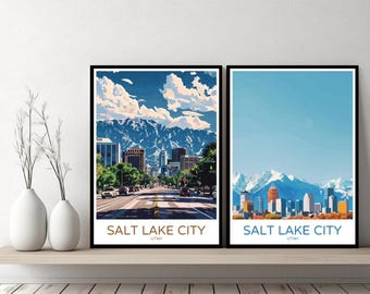 Póster de viaje con el horizonte de Salt Lake City, Utah, póster de lienzo de Salt Lake City, regalo de diseñador de paisaje urbano, ilustración de Estados Unidos, decoración
