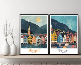 May include: Two framed prints depicting a colourful cityscape with the text "Bergen" and "Norway" underneath. The prints show a view of colourful buildings along a waterfront with mountains in the background.