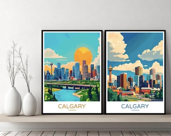 Poster di viaggio di Calgary, Alberta, Canada, stampa su tela, skyline di Calgary, poster da parete, paesaggio urbano, regalo di design, illustrazione del Canada, decorazione
