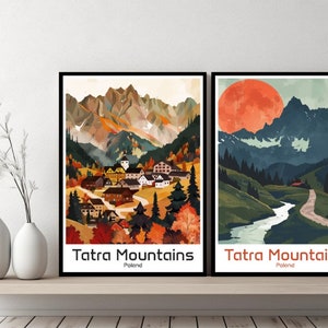 May include: Two colorful illustrations of the Tatra Mountains in Poland. The first image shows a village nestled in the mountains with a red, orange, and yellow color scheme. The second image shows a mountain range with a blue, green, and orange color scheme. Both images have the text "Tatra Mountains" and "Poland" at the bottom.