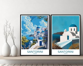 Póster de viaje de Santorini, Grecia, Santorini, Thira, mar Egeo, lienzo, póster de pared, paisaje urbano, regalo de diseñador, ilustración de Grecia, decoración