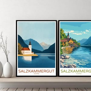 Salzkammergut Austria Poster Travel Print Salzkammergut Salzburg Alps Canvas Wall Poster Cityscape Designer Gift Austria Illustration Decor