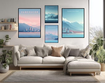 Poster di viaggio ultra moderno di Vancouver con montagne minimaliste e skyline dell'oceano - Moderna arte murale canadese colorata per la casa o l'ufficio