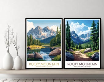 Cartaz do Parque Nacional das Montanhas Rochosas, impressão de viagem, Denver, Colorado, pôster de parede em tela rochosa, paisagem urbana, presente de designer, EUA, ilustração, decoração