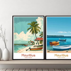 Mauricio Océano Índico Cartel Viaje Impresión Mauricio Playa Mar Lienzo Pared Cartel Paisaje Urbano Diseñador Retro Océano Índico Ilustración Decoración