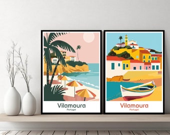 Vilamoura Portugal cartel viaje impresión Portugal Vilamoura lienzo pared cartel paisaje urbano diseñador regalo Portugal ilustración decoración