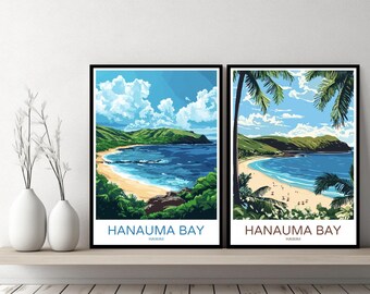 Póster de la bahía de Hanauma, Hawái, impresión de viaje, playa de la bahía de Hanauma, lienzo para pared, paisaje urbano, regalo de diseñador, ilustración de Hawái, EE. UU., decoración