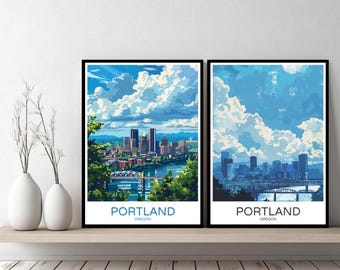 May include: Two framed prints of a cityscape with a blue sky and white clouds. The prints are titled "Portland, Oregon".