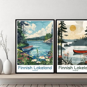 Poster di viaggio della regione lacustre finlandese, stampa su tela del lago finlandese, poster di paesaggio urbano, arte, designer, parete, Finlandia, regalo retrò, illustrazione