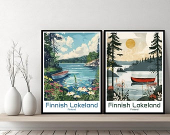 Finnish Lakeland Poster Travel Print Finland Finnish Lake Canvas Poster Cityscape Art Designer Wall Finland Retro Gift Illustration