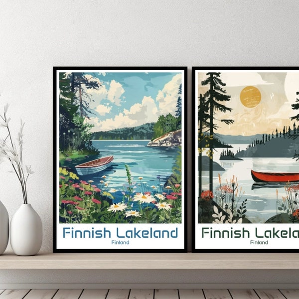Finnish Lakeland Poster Travel Print Finland Finnish Lake Canvas Poster Cityscape Art Designer Wall Finland Retro Gift Illustration