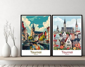 Tournai Bélgica Pôster Impressão de Viagem Bélgica Tournai Tela Pôster Paisagem Urbana Designer Parede Bélgica Retro Presente Ilustração