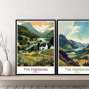 The Highlands Scotland Poster Travel Print The Scottish Highlands Canvas Poster Cityscape Designer Wall Art Retro Gift Illustration Decor