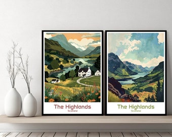 Póster de viaje de las Tierras Altas de Escocia, lienzo de las Tierras Altas de Escocia, paisaje urbano, diseño de arte de pared, regalo retro, ilustración, decoración