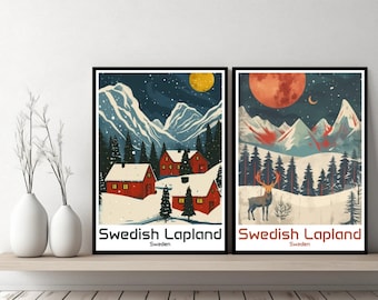 Cartaz da Lapônia sueca, impressão de viagem, pôster em tela da Lapônia sueca, paisagem urbana, arte de parede, designer, Suécia, presente retrô, ilustração
