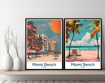 Miami Beach Florida Poster Travel Print Miami Florida Canvas Poster Cityscape Designer Wall Art Adventure Retro Gift Illustration Home Decor