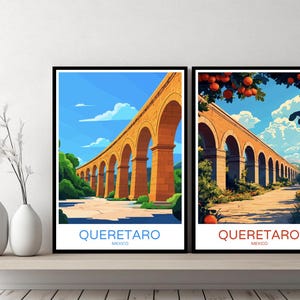 Queretaro Mexico Poster Travel Print Aqueduct of Queretaro Canvas Wall Poster Cityscape Designer Retro Mexico Illustration Decor