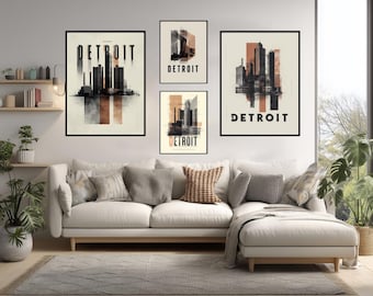 Poster di viaggio tipografico di Detroit, Michigan, città industriale moderna, arte murale, design geometrico audace, stampa in rame grigio nero, decorazione