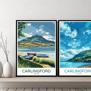 Carlingford Lough Irland Poster Reisedruck Carlingford Lough Leinwand Wandposter Stadtbild Designer Retro Irland Illustration Dekor