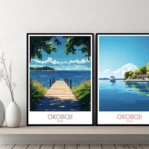 Okoboji, Iowa, États-Unis, affiche de voyage, Iowa State Skyline, États-Unis, toile, affiche d'art mural, cadeau de designer, Illustration numérique, décoration d'intérieur