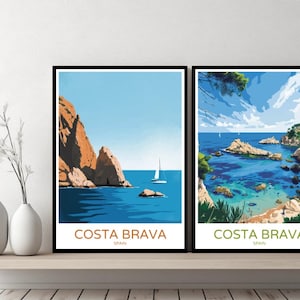 Costa Brava España Cartel Viaje Impresión España Cataluña Costa Brava Playa Lienzo Pared Cartel Paisaje Urbano Diseñador Retro España Ilustración Decoración