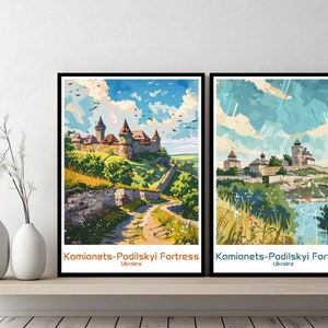 Kamianets-Podilskyi Castle Poster Travel Print Ukraine Kamianets-Podilskyi Canvas Poster Cityscape Designer Ukraine Retro Gift Illustration