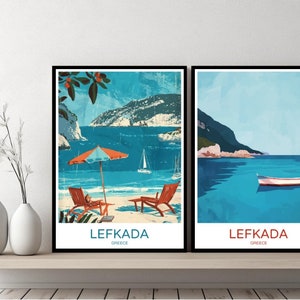Lefkada Greece Poster Travel Print Greece Lefkada Island Ionian Sea Canvas Wall Poster Cityscape Designer Gift Greece Illustration Decor