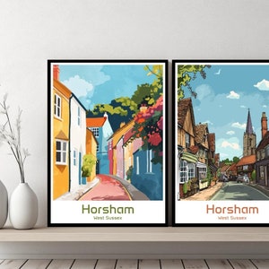 Horsham West Sussex Poster Reisedruck Horsham West Sussex Leinwand Wandposter Stadtbild Designer Retro Geschenk England Illustration Dekor