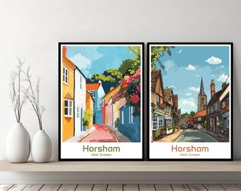 Horsham West Sussex Poster Travel Print Horsham West Sussex Canvas Wall Poster Cityscape Designer Retro Gift England Illustration Decor