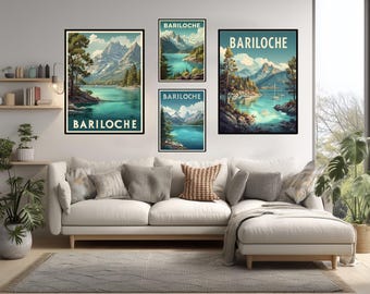 Bariloche, Argentina, poster da viaggio ultra moderno, colori vivaci, stampa artistica da parete minimalista futuristica con lago di montagna