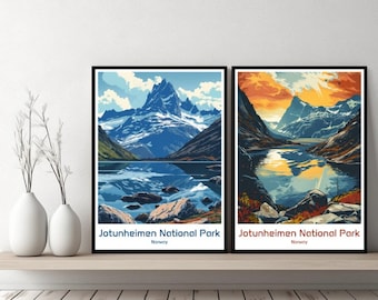 Jotunheimen Park Norway Poster Travel Print Norway Jotunheimen Canvas Poster Cityscape Art Designer Wall Norway Retro Gift Illustration