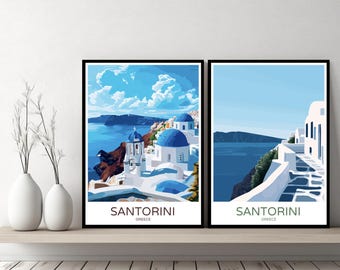 Póster de viaje de Santorini, Grecia, Santorini, Thira, mar Egeo, lienzo, póster de pared, paisaje urbano, regalo de diseñador, ilustración de Grecia, decoración