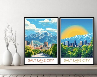 Póster de viaje con el horizonte de Salt Lake City, Utah. Impresión en lienzo de Salt Lake City. Póster de pared con paisaje urbano. Regalo de diseñador. Ilustración de Estados Unidos. Decoración.