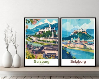 Salzburg Austria Poster Travel Print Austria Salzburg Castle Canvas Poster Cityscape Designer Wall Austria Retro Gift Illustration