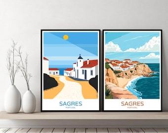 Sagres Portugal Poster Travel Print Portugal Faro Sagres Algarve Canvas Wall Poster Cityscape Designer Gift Portugal Illustration Decor