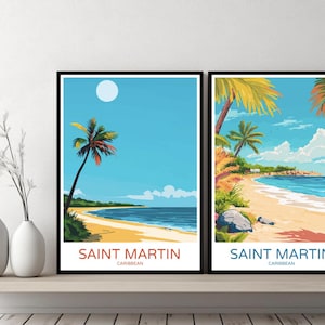 Saint Martin Karibik Insel Poster Reise Druck Saint Martin Strand Leinwand Wand Poster Stadtbild Designer Geschenk Karibik Illustration Dekor