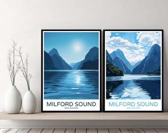 Milford Sound New Zealand Poster Travel Print Milford Sound Island Canvas Wall Poster Cityscape Designer Gift New Zealand Illustration Decor