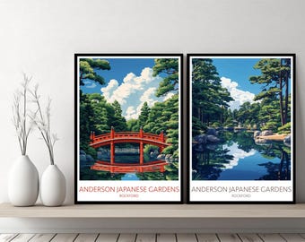 Anderson Japanese Gardens Poster Travel Print Chicago Illinois Rockford Canvas Wall Poster Cityscape Designer Gift USA Illustration Decor