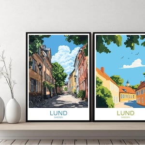 Lund Suecia cartel viaje impresión Lund sueco Scania Öresund lienzo pared cartel paisaje urbano diseñador regalo Suecia ilustración decoración