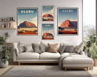Poster di viaggio vintage di Uluru, Australia, arte murale minimalista retrò, paesaggio del deserto di Ayers Rock