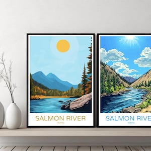 Póster de viaje del río Salmon, Idaho, impresión de lienzo del río Salmon sin retorno, póster de pared, paisaje urbano, regalo de diseñador, ilustración de EE. UU., decoración