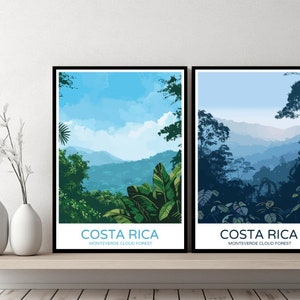 Póster de viaje del bosque nuboso de Monteverde, lienzo del bosque de Monteverde, póster de pared, paisaje urbano, diseñador retro, ilustración de Costa Rica, decoración