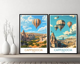 May include: Two colorful posters with a scenic view of Cappadocia, Turkey, featuring hot air balloons in the sky. The posters have a vintage travel poster aesthetic and the text "Cappadocia, Turkey" is printed at the bottom.