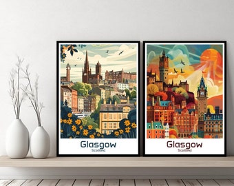 Glasgow Scotland Poster Travel Print Scotland Glasgow Cathedral Canvas Poster Cityscape Designer Wall Scotland Retro Gift Illustration