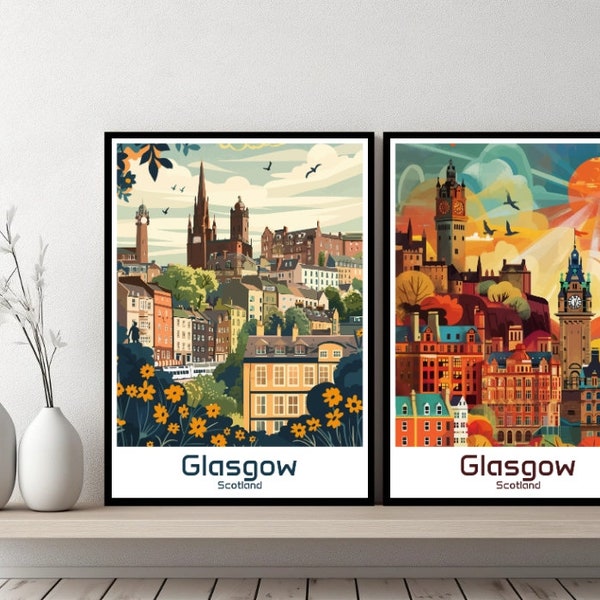 Glasgow Scotland Poster Travel Print Scotland Glasgow Cathedral Canvas Poster Cityscape Designer Wall Scotland Retro Gift Illustration