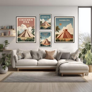 Chichen Itza Mexico Retro Minimal Travel Poster Vintage Style Wall Art Print Mayan Pyramid Home Decor