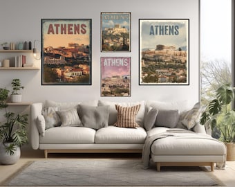 Poster di viaggio vintage di Atene, Grecia, retrò, minimalista, Acropoli, Partenone, arte murale, arredamento mediterraneo
