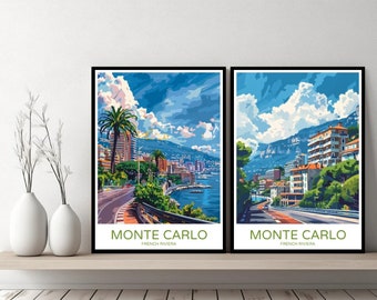 Monte Carlo French Riviera Poster Travel Print Monte Carlo Alps Canvas Wall Poster Cityscape Designer Gift Monaco Illustration Decor