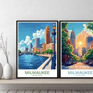 Milwaukee Skyline Poster Travel Print Milwaukee Wisconsin United States Sunset Canvas Wall Poster Cityscape Designer Gift Illustration Decor