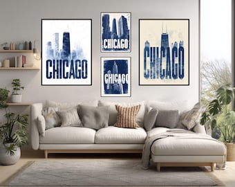 Póster tipográfico de Chicago, arte mural moderno, impresión de viaje a Illinois, diseño minimalista de la Torre Willis, tipografía atrevida, decoración urbana contemporánea.